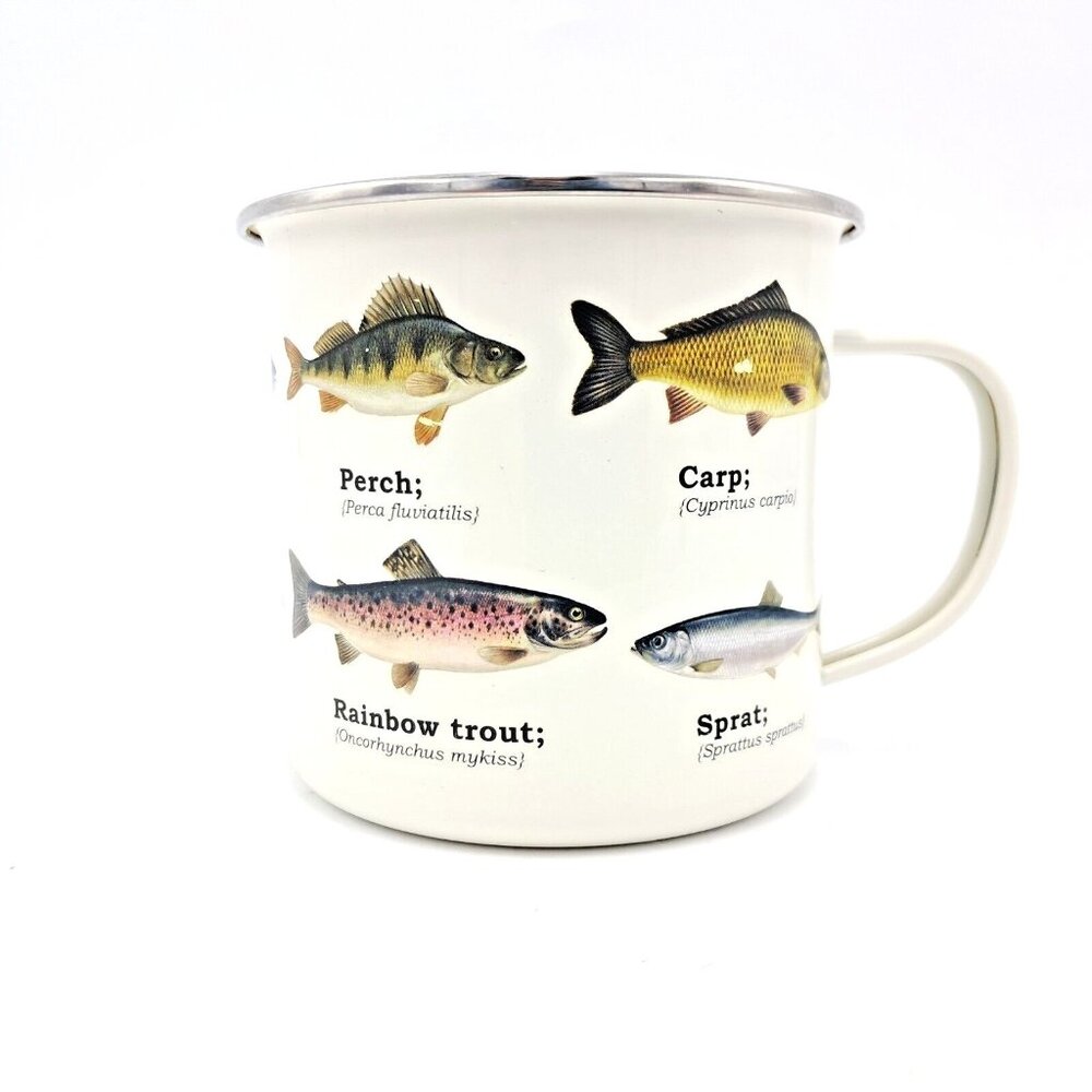 Gift Republic Enamel Camp Mug Fishing Fish Trout Carp Perch Sprat Trout Tuna